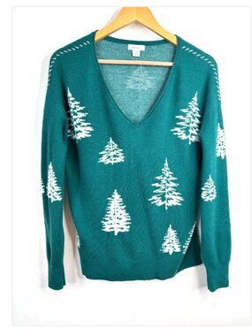 Sundance Green Wool Blend Pine Tree Holiday Sweater M Christmas V Neck Festive